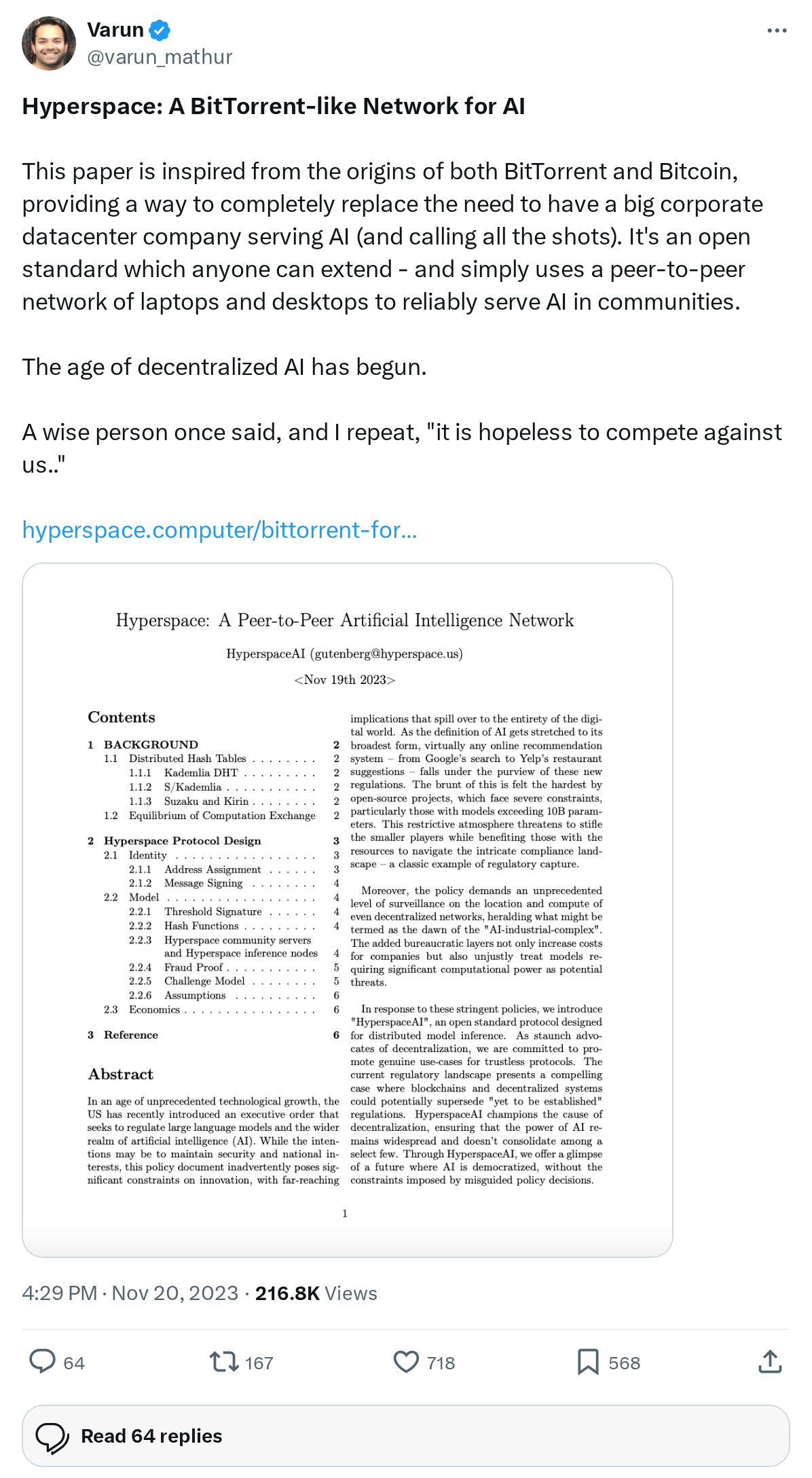 Hyperspace: A BitTorrent-like Network for AI

This paper is inspired from the origins of both BitTorrent and Bitcoin, providing a way to com