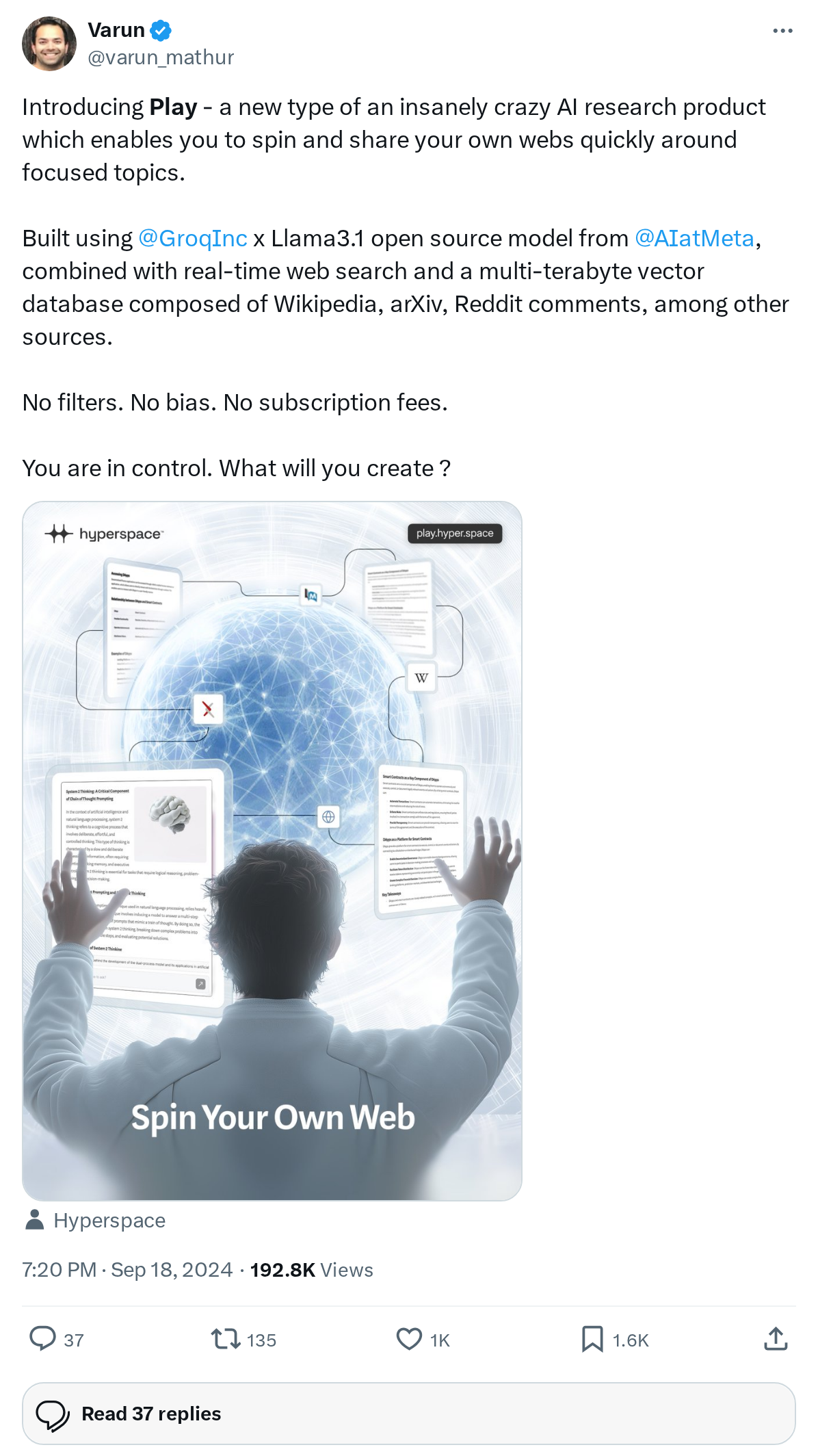 Introducing Play - a new type of an insanely crazy AI research product which enables you to spin and share your own webs quickly around focu