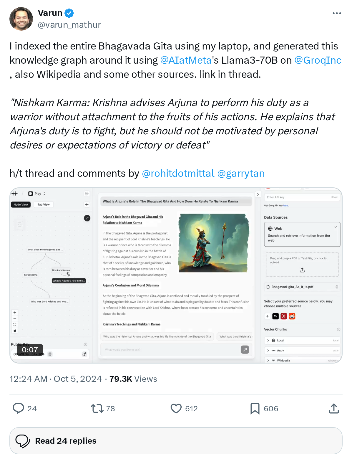 I indexed the entire Bhagavada Gita using my laptop, and generated this knowledge graph around it using 
@AIatMeta
's Llama3-70B on 
@GroqIn