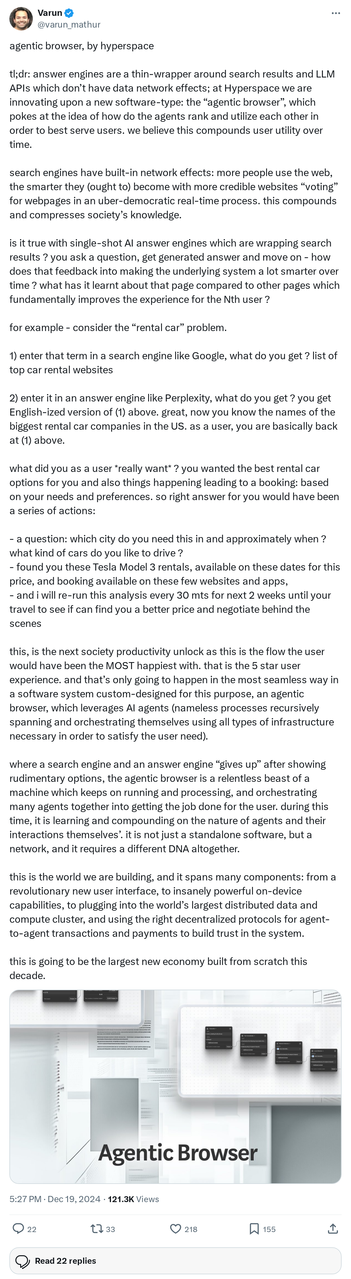 agentic browser, by hyperspace

tl;dr: answer engines are a thin-wrapper around search results and LLM APIs which don’t have data network ef