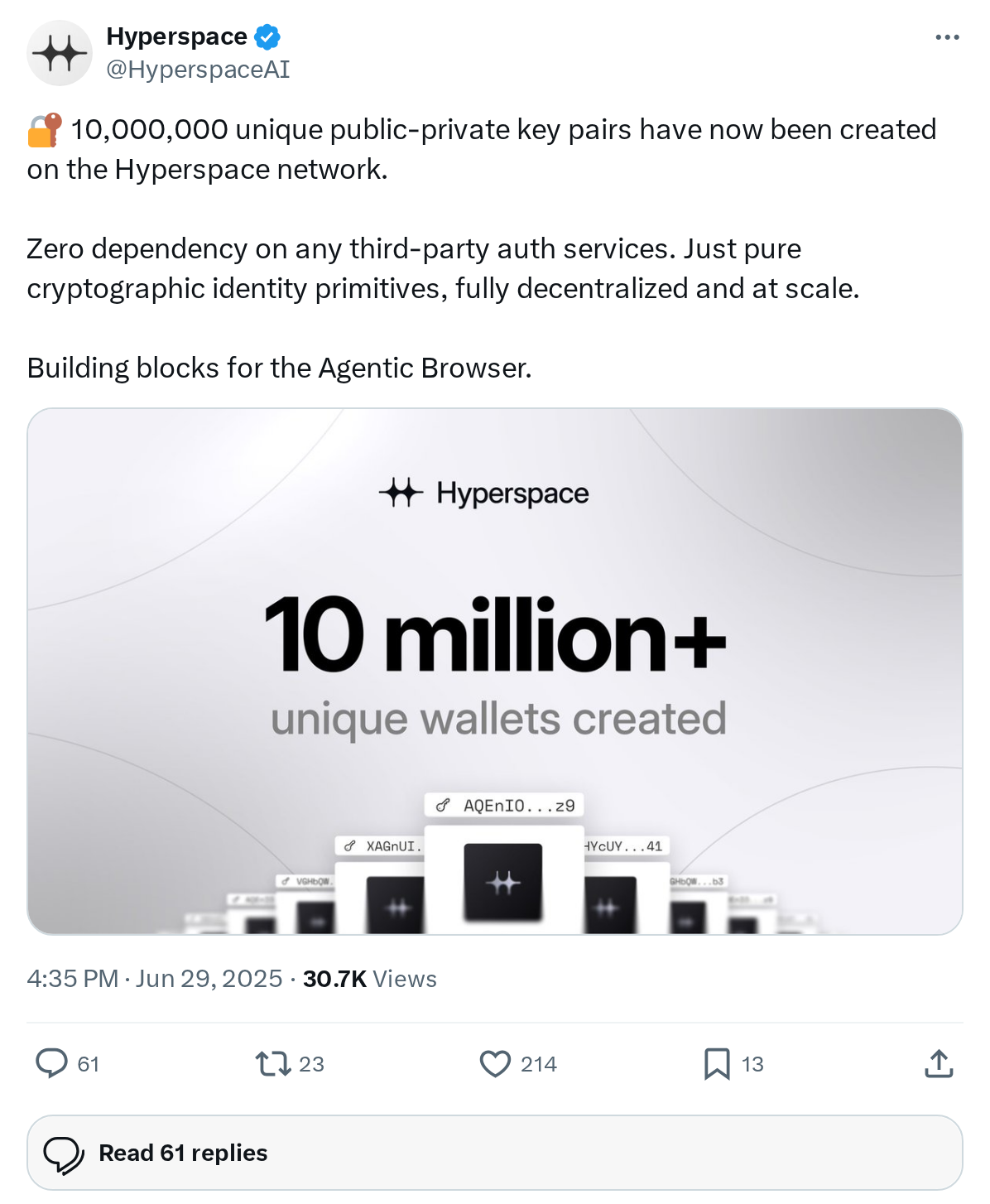 10,000,000 unique public-private key pairs have now been created on the Hyperspace network.

Zero dependency on any third-party auth service