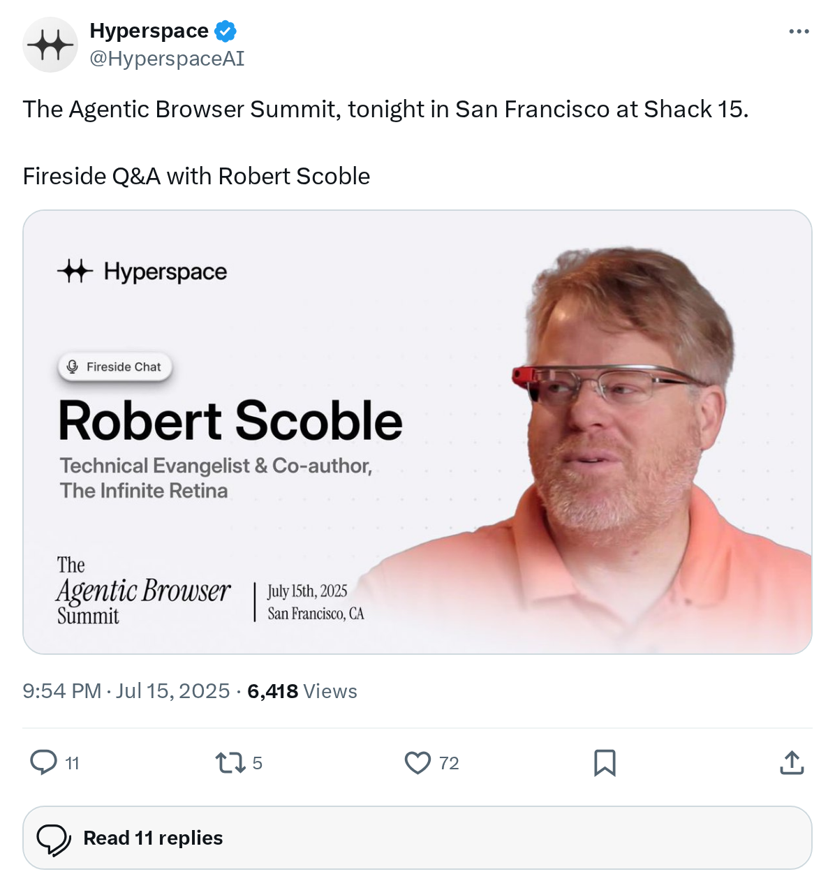 The Agentic Browser Summit, tonight in San Francisco at Shack 15. 

Fireside Q&A with Robert Scoble