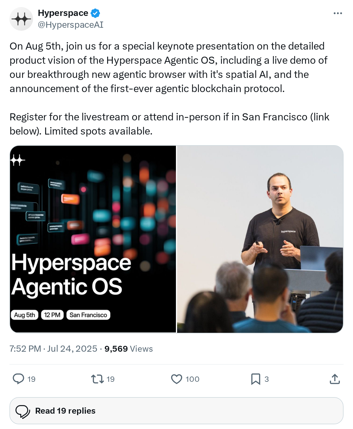 On Aug 5th, join us for a special keynote presentation on the detailed product vision of the Hyperspace Agentic OS, including a live demo of