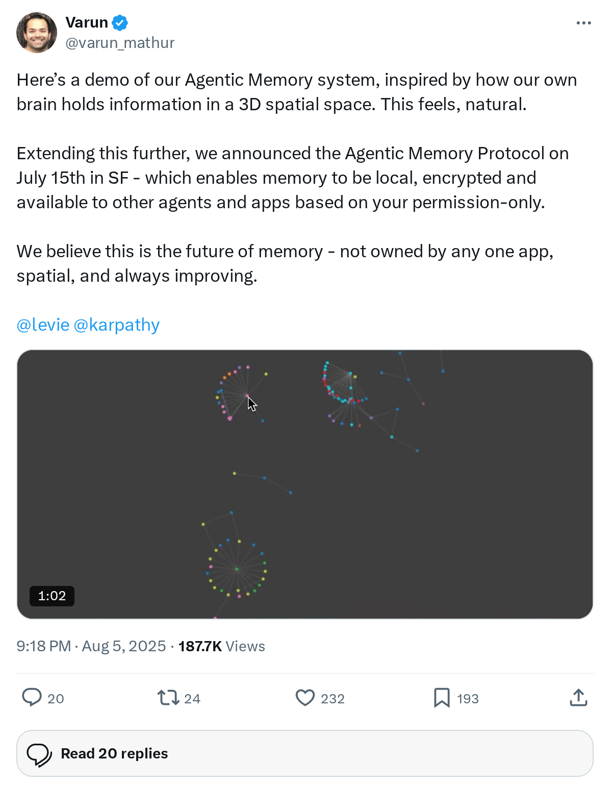 Here’s a demo of our Agentic Memory system, inspired by how our own brain holds information in a 3D spatial space. This feels, natural. 

Ex