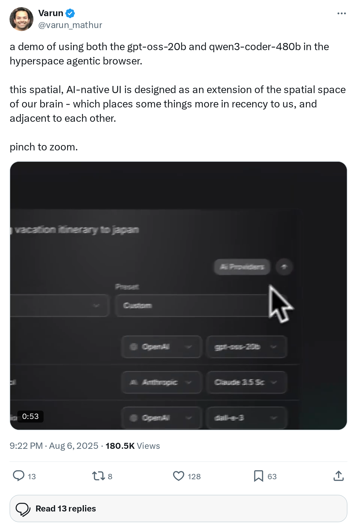 a demo of using both the gpt-oss-20b and qwen3-coder-480b in the hyperspace agentic browser. 

this spatial, AI-native UI is designed as an 