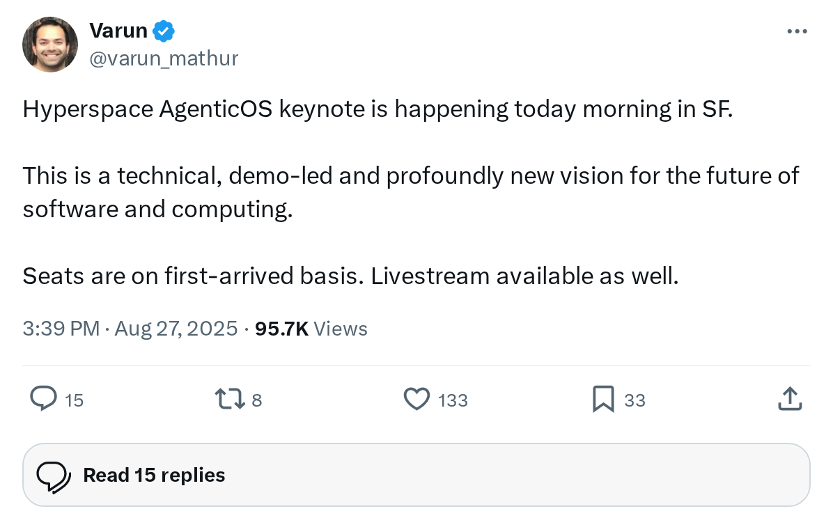 Hyperspace AgenticOS keynote is happening today morning in SF.

This is a technical, demo-led and profoundly new vision for the future of so