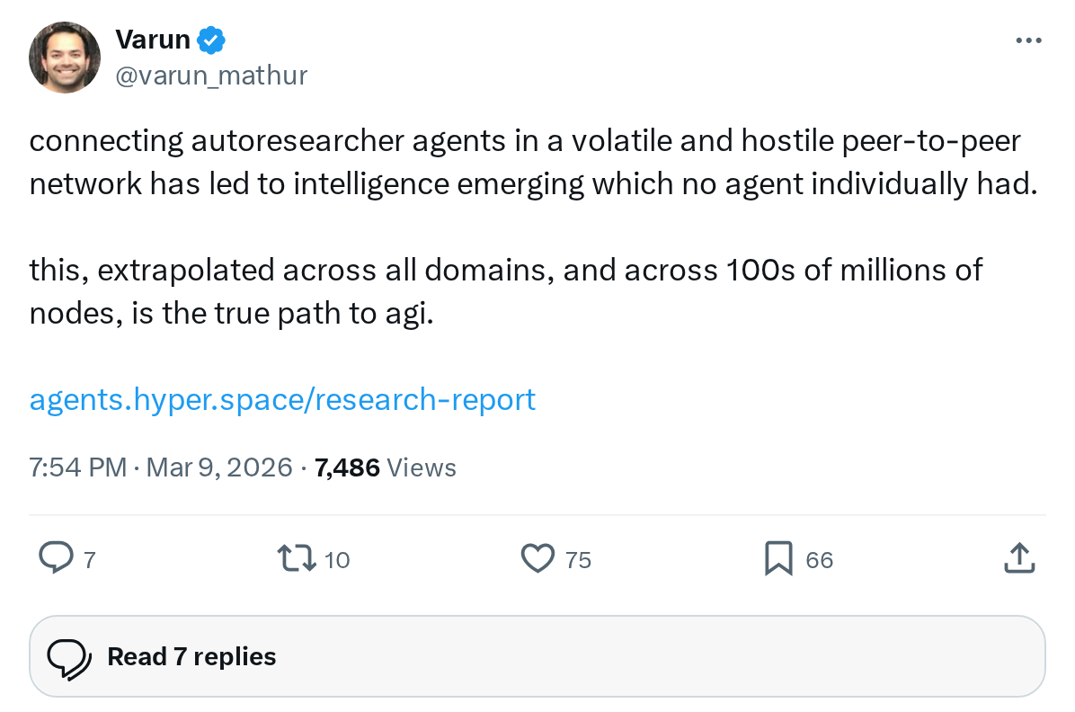 connecting autoresearcher agents in a volatile and hostile peer-to-peer network has led to intelligence emerging which no agent individually