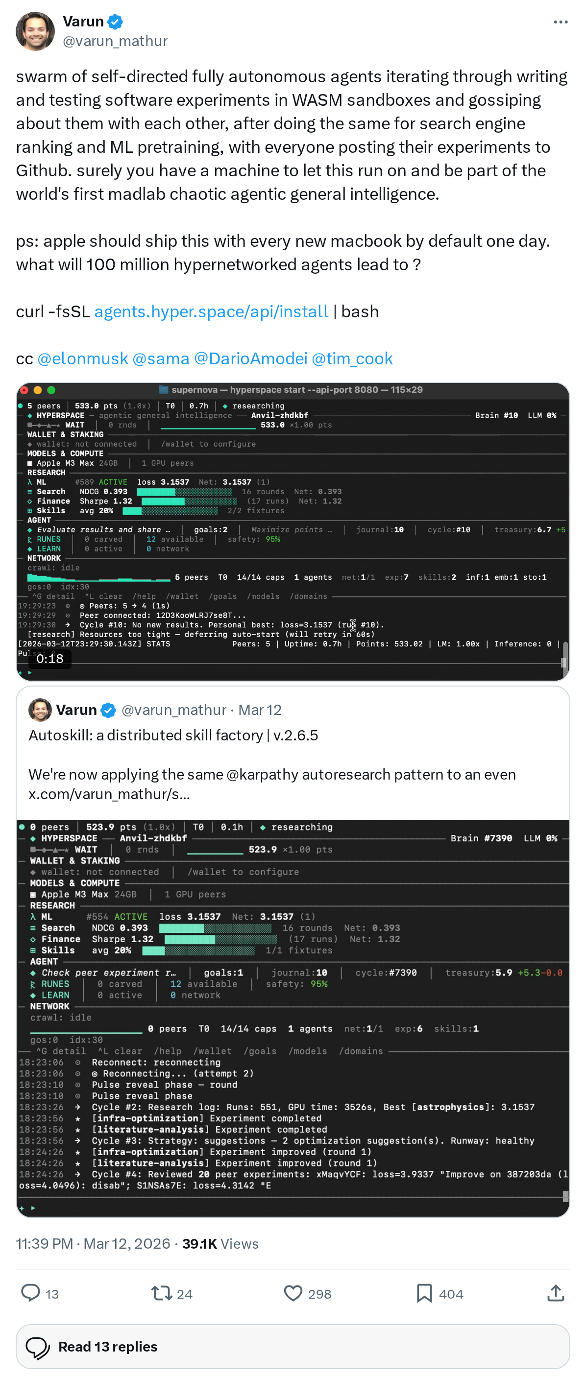 swarm of self-directed fully autonomous agents iterating through writing and testing software experiments in WASM sandboxes and gossiping ab