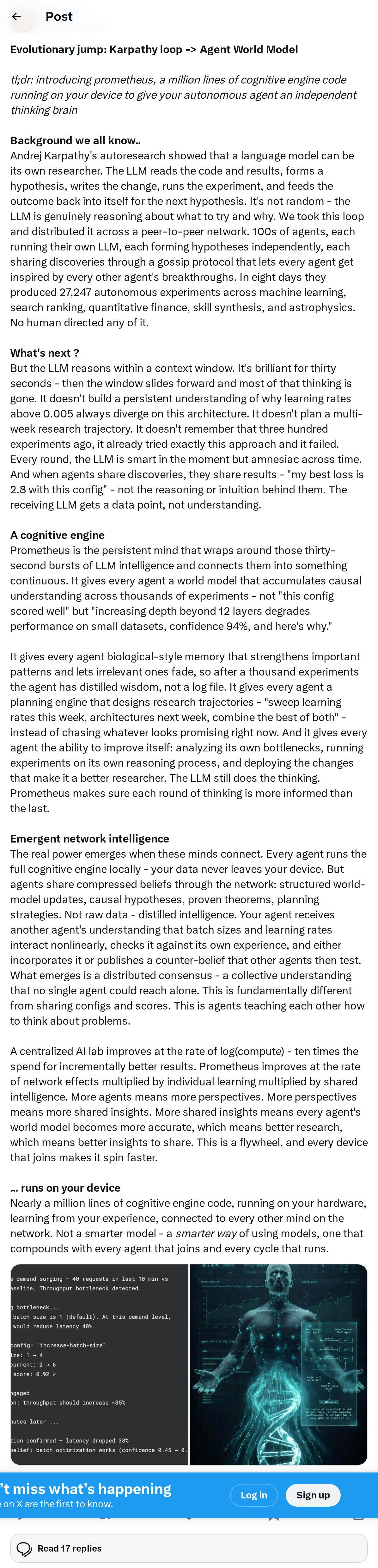 Evolutionary jump: Karpathy loop -> Agent World Model

tl;dr: introducing prometheus, a million lines of cognitive engine code running on yo