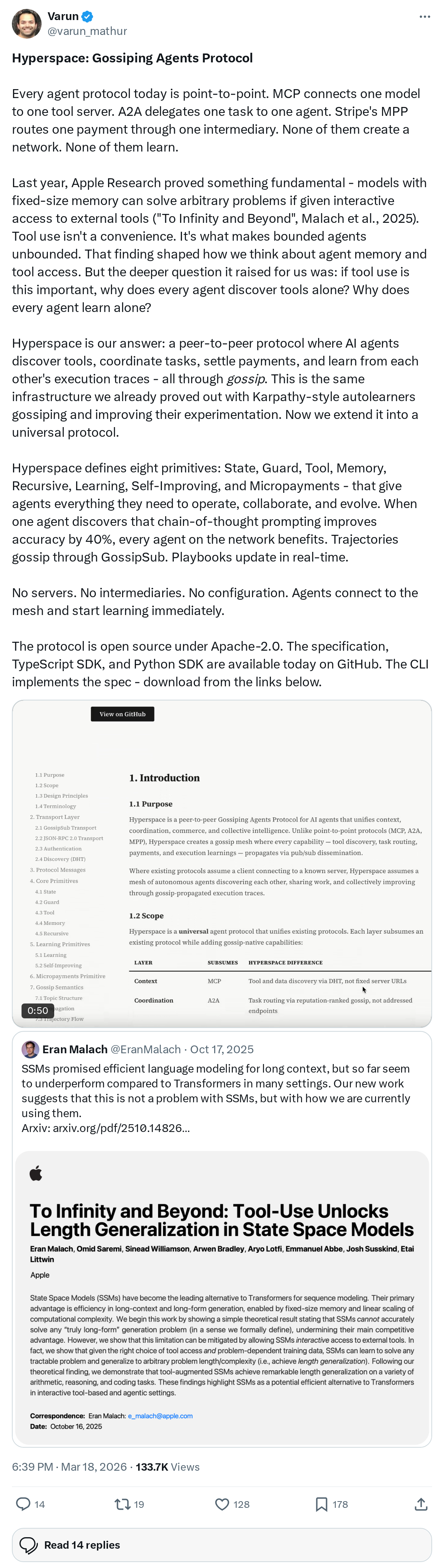 Hyperspace: Gossiping Agents Protocol

Every agent protocol today is point-to-point. MCP connects one model to one tool server. A2A delegate