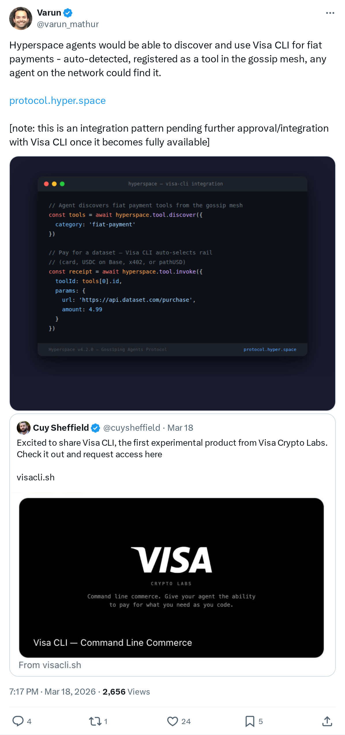 Hyperspace agents would be able to discover and use Visa CLI for fiat payments - auto-detected, registered as a tool in the gossip mesh, any