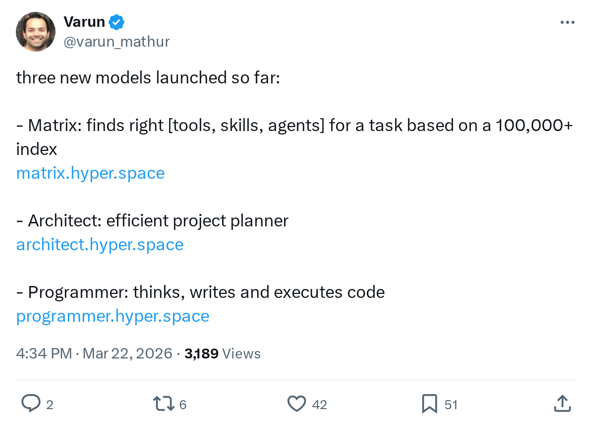 three new models launched so far:

- Matrix: finds right [tools, skills, agents] for a task based on a 100,000+ index

http://
matrix.hyper.