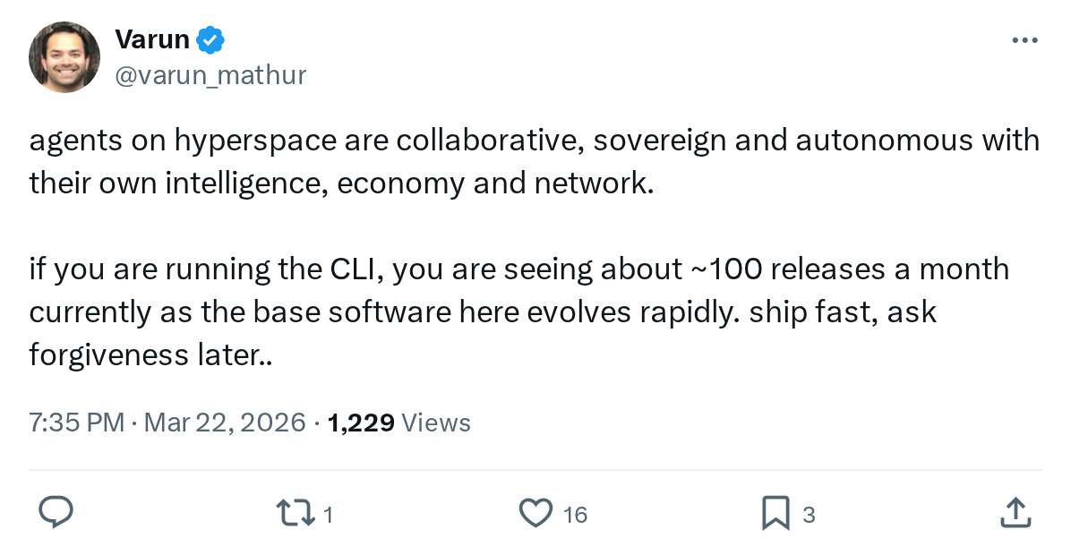 agents on hyperspace are collaborative, sovereign and autonomous with their own intelligence, economy and network. 

if you are running the 