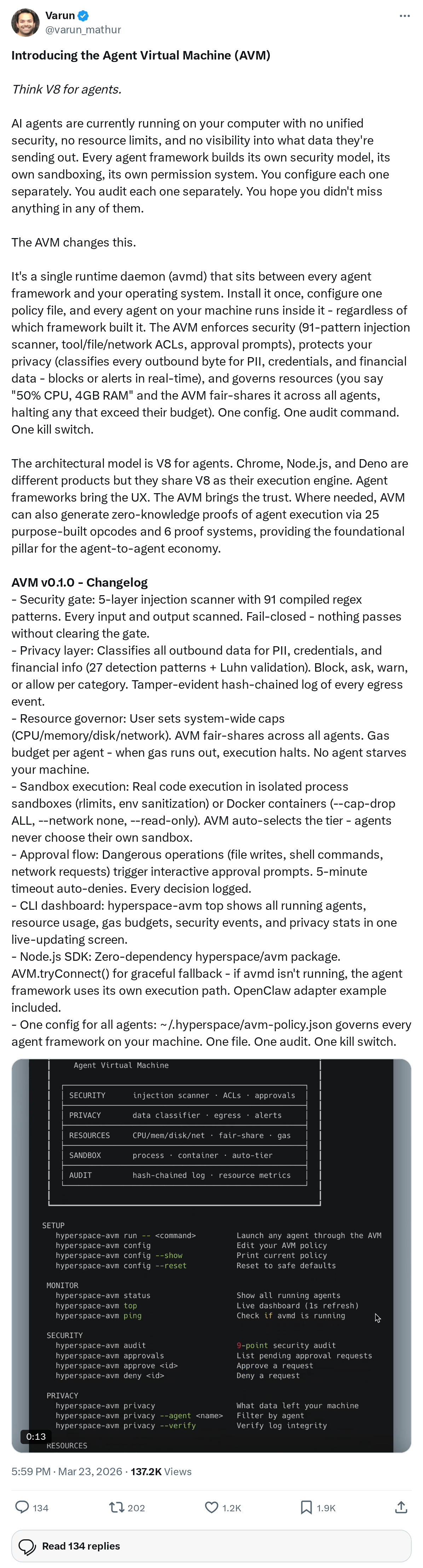 Introducing the Agent Virtual Machine (AVM)

Think V8 for agents.

AI agents are currently running on your computer with no unified security