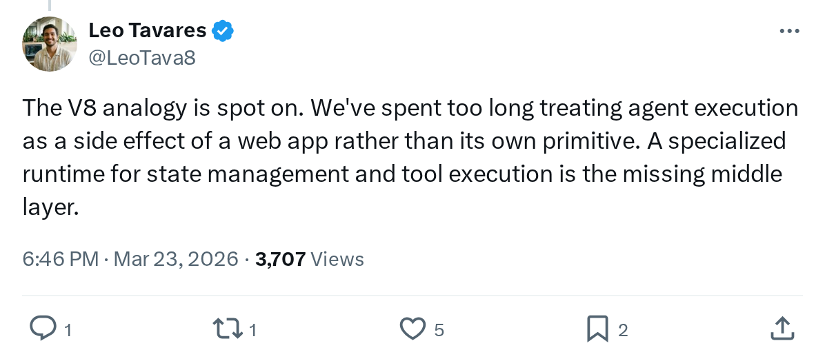 The V8 analogy is spot on. We've spent too long treating agent execution as a side effect of a web app rather than its own primitive. A spec