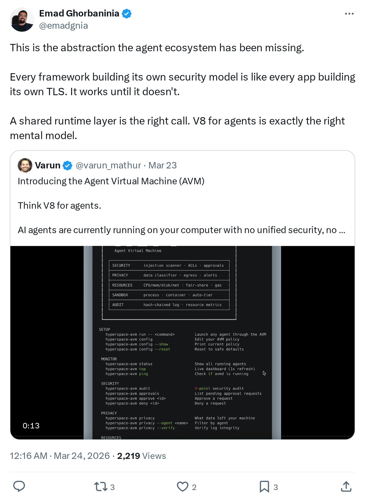 This is the abstraction the agent ecosystem has been missing.

Every framework building its own security model is like every app building it