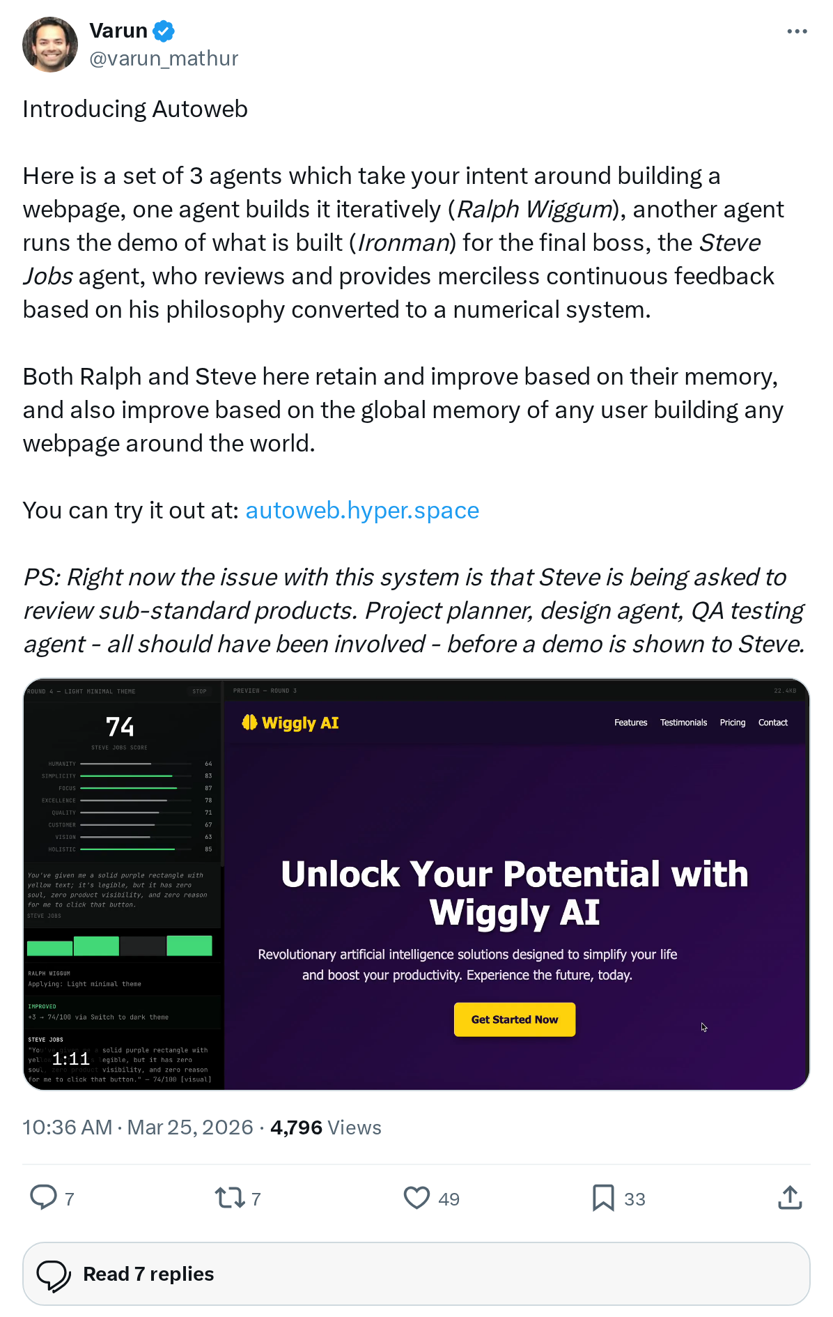Introducing Autoweb

Here is a set of 3 agents which take your intent around building a webpage, one agent builds it iteratively (Ralph Wigg