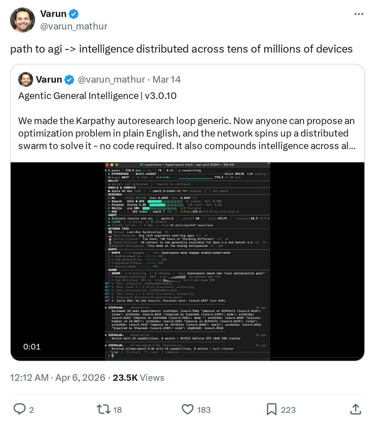 path to agi -> intelligence distributed across tens of millions of devices