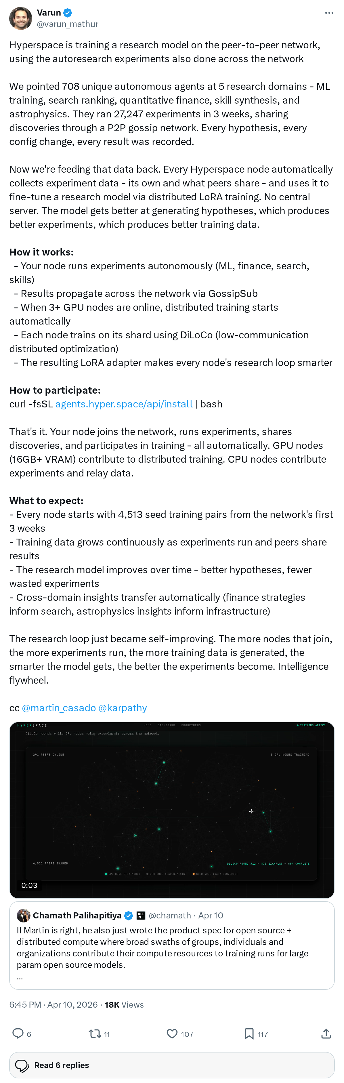 Hyperspace is training a research model on the peer-to-peer network, using the autoresearch experiments also done across the network

We poi