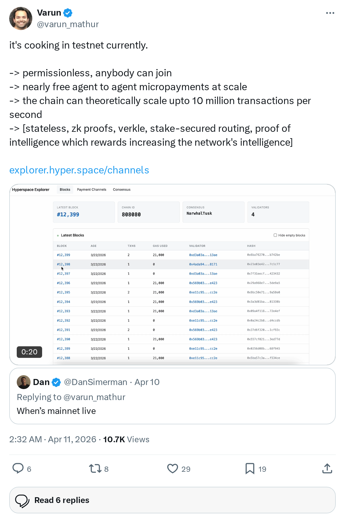 it's cooking in testnet currently. 

-> permissionless, anybody can join
-> nearly free agent to agent micropayments at scale
-> the chain c