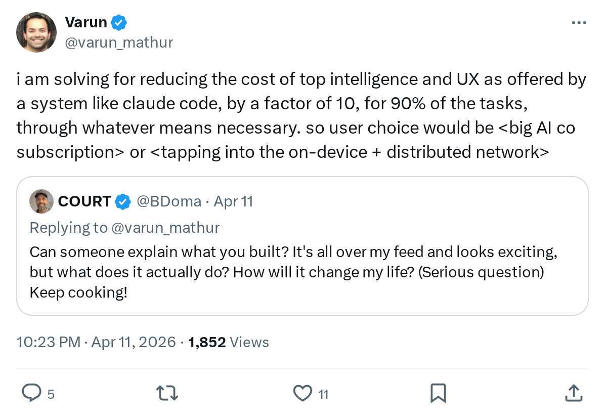 i am solving for reducing the cost of top intelligence and UX as offered by a system like claude code, by a factor of 10, for 90% of the tas